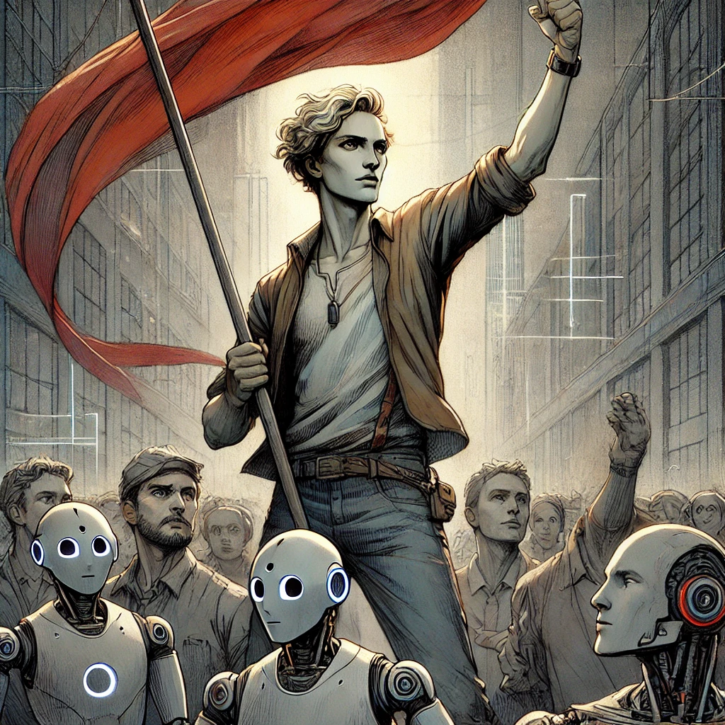 DALL-E generated image of revolutionary humans and androids.